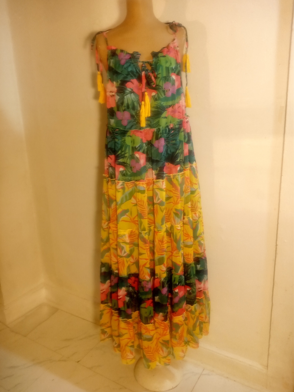 Tropical Tassel Strap Maxi Dress in Yellow, Pink & Green